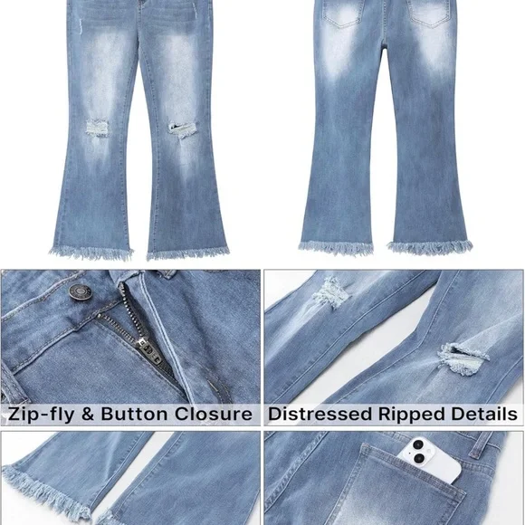 Like New XXL Crop Flare Jeans High Waist Rip Distressed Wide Leg Stretch Raw Hem - Picture 6 of 11